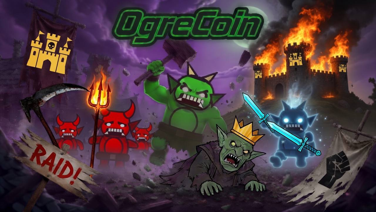 OgreCoin raid artwork with the ogre charging toward a burning castle